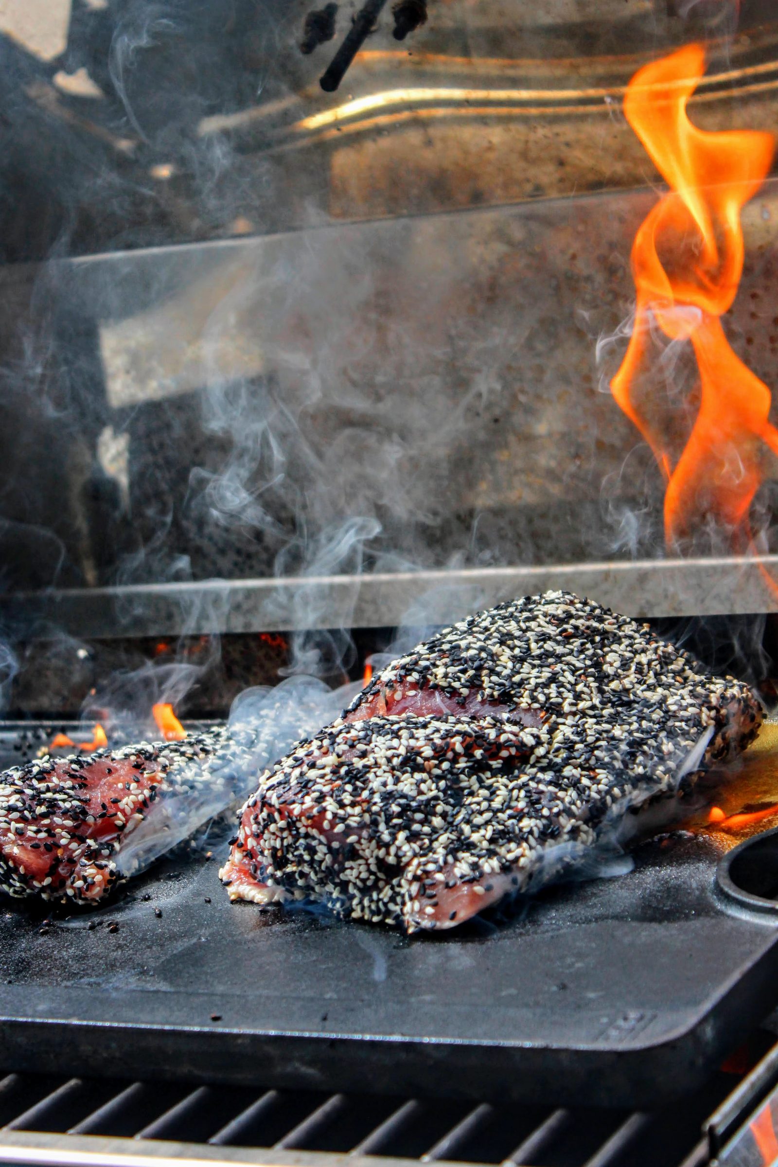 Fresh-caught fish searing on the onboard grill