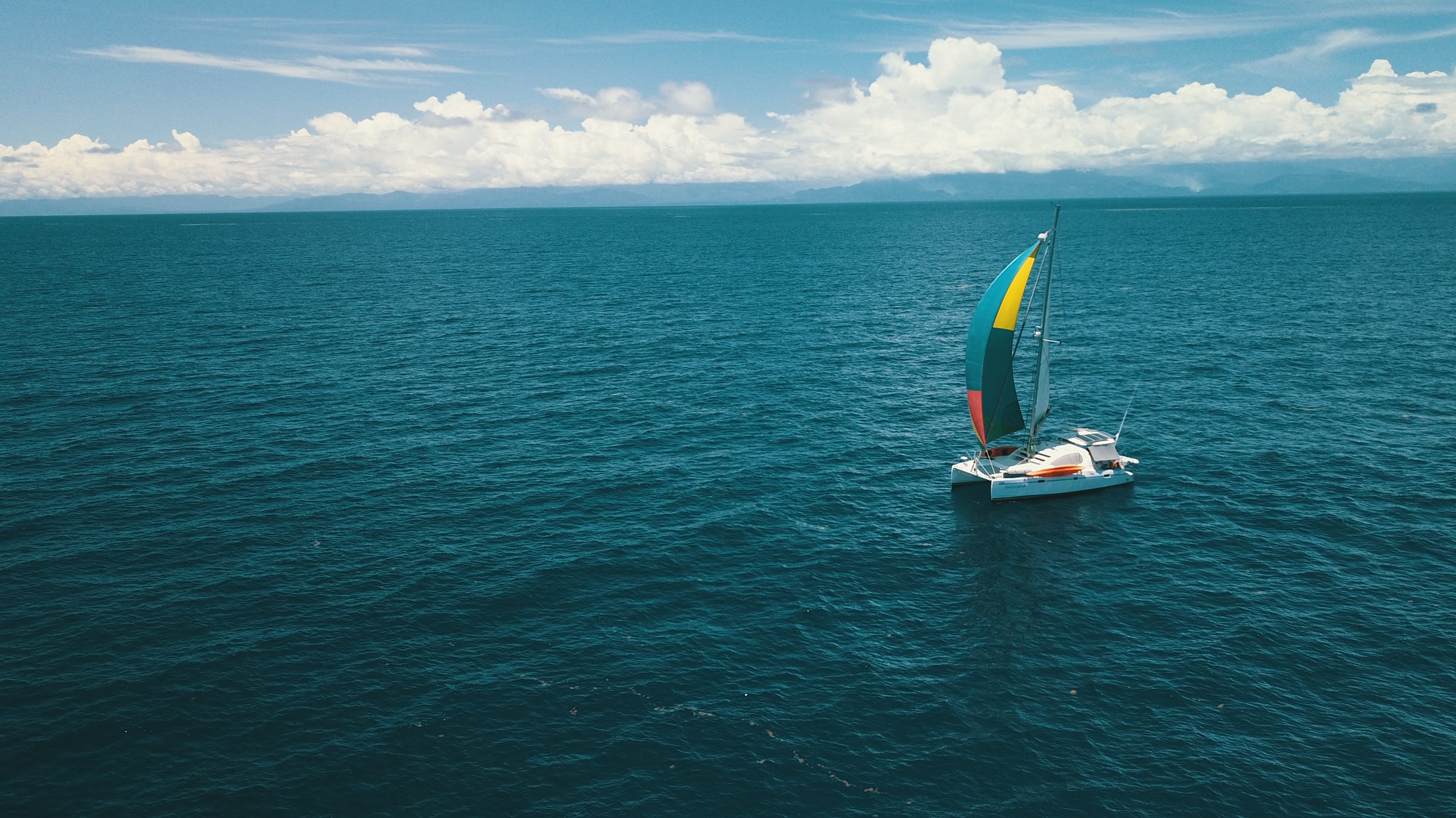 Catamaran under a colorful spinnaker sail on open blue water